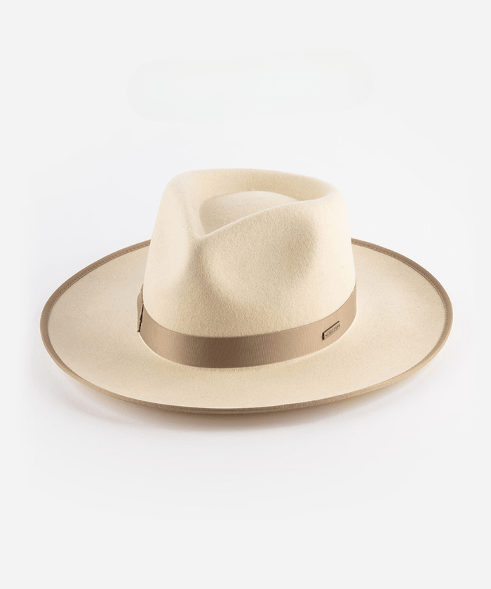 An off white and taupe colored fedora hat with a taupe band on a white background #color_white-taupe