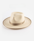 An off white and taupe colored fedora hat with a taupe band on a white background #color_white-taupe