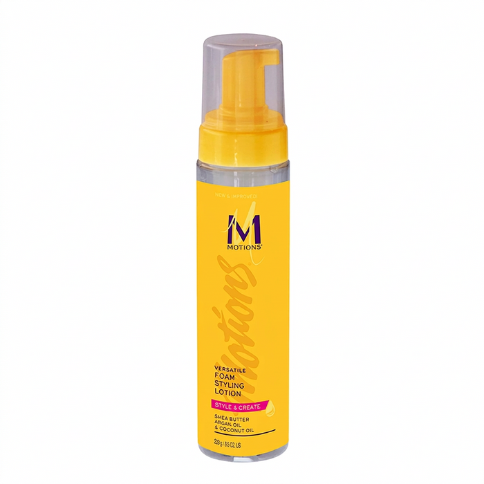 Yellow bottle of Motions styling lotion on a white background