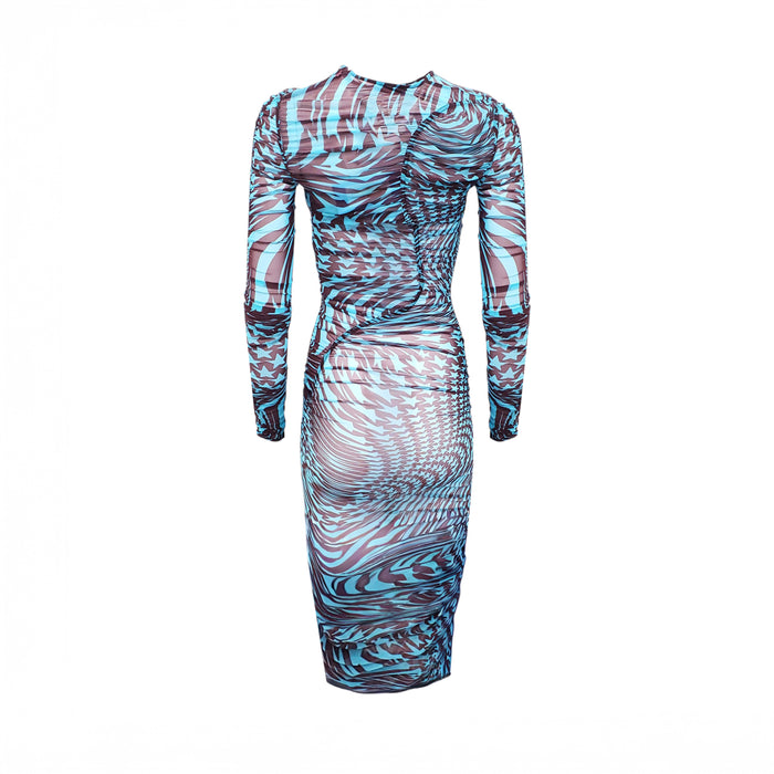 MUGLER BLUE STAR PATTERN RUCHED SHEER DRESS - SIZE 34