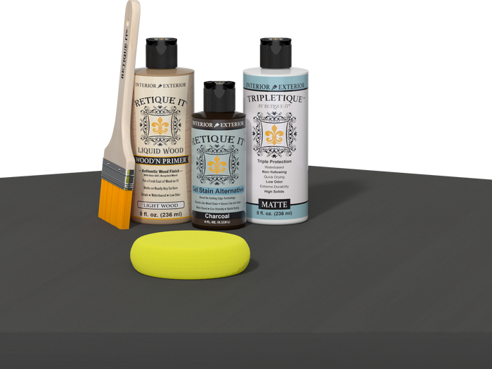 Retique It refinishing kit with Light Wood primer, Charcoal gel stain alternative, matte Tripletique topcoat, a brush and yellow sponge.