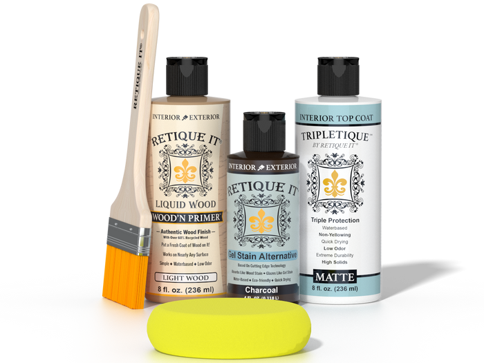 Retique It® Light Wood Wood’n Primer with Charcoal Gel Stain Alternative, matte topcoat, brush, and yellow sponge.