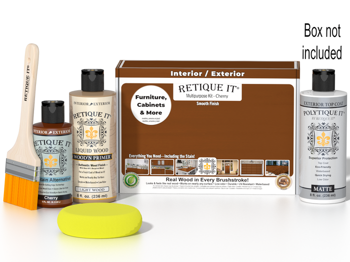 Retique It® Multipurpose Kit - Cherry with box not included, primer, Cherry gel stain alternative, matte topcoat, brush, yellow sponge, and red graining tools.
