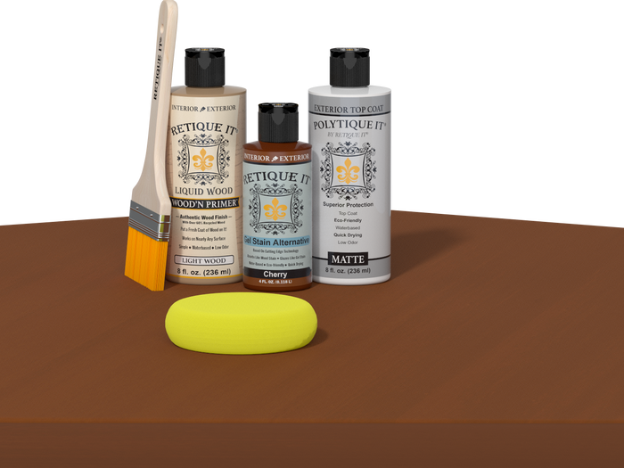 Retique It refinishing kit with Light Wood primer, Cherry gel stain alternative, matte Polytique It topcoat, a brush and yellow sponge.