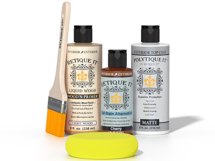 Retique It® Light Wood Wood’n Primer with Cherry Gel Stain Alternative, matte topcoat, brush, and yellow sponge.