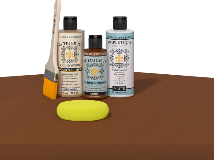 Retique It refinishing kit with Light Wood primer, Cherry gel stain alternative, matte Tripletique topcoat, a brush and yellow sponge.