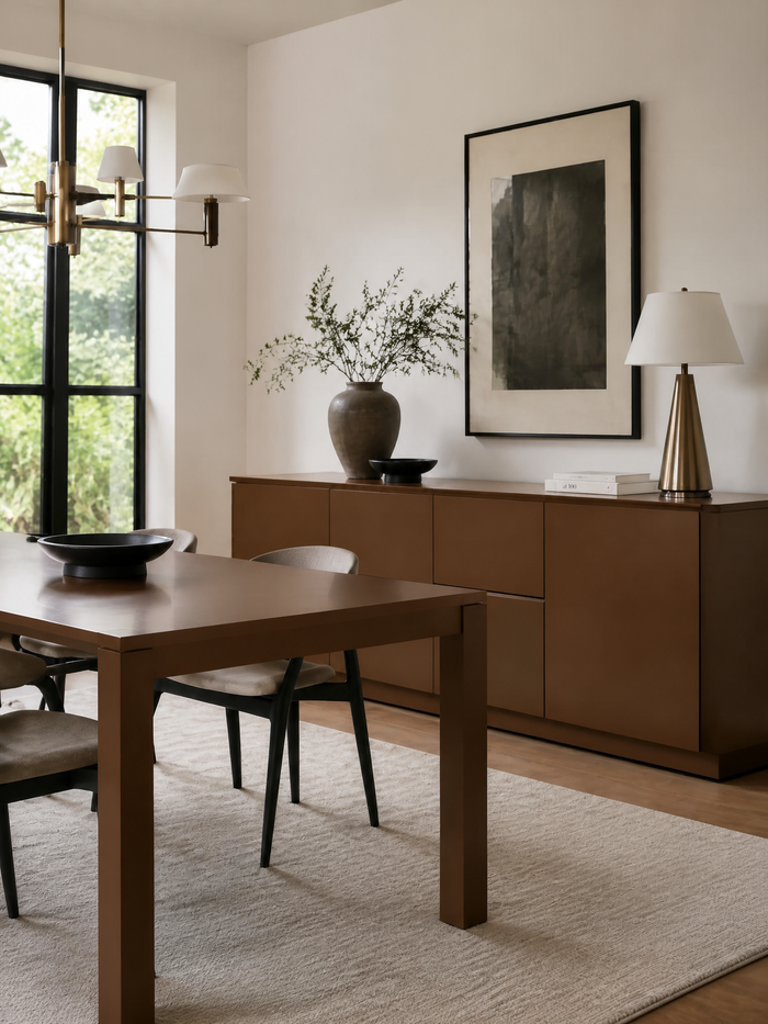 A modern dining room scene featuring a dark wood dining table and chairs, a matching brown sideboard with a vase of branches, a brass table lamp, and a large framed abstract print on a warm off-white wall.
