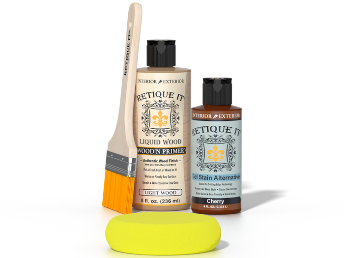 Retique It® Light Wood Wood’n Primer with Cherry Gel Stain Alternative, brush, and yellow sponge on a dark tabletop.