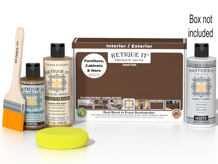 Retique It® Multipurpose Kit - Dark Oak with primer, gel stain alternative, matte topcoat, brush, sponge, red graining tools, and packaging box.