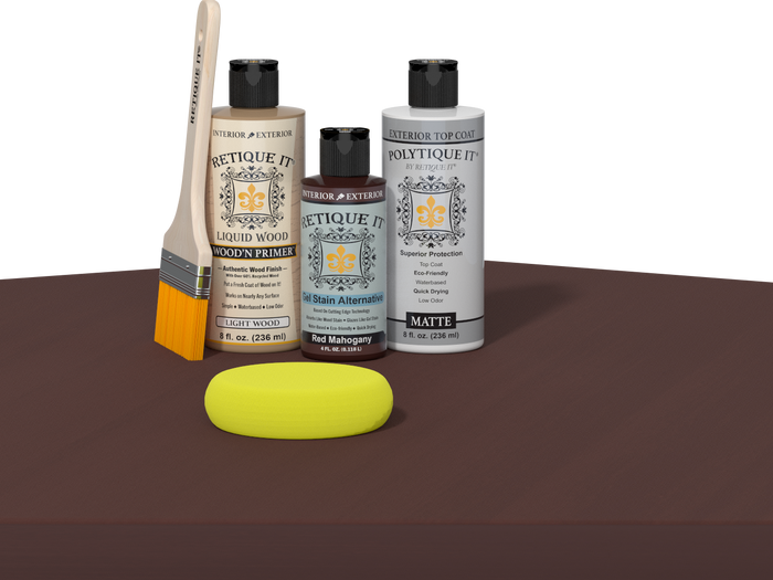 Retique It refinishing kit with Light Wood primer, Red Mahogany gel stain alternative, matte Polytique It topcoat, a brush and yellow sponge.