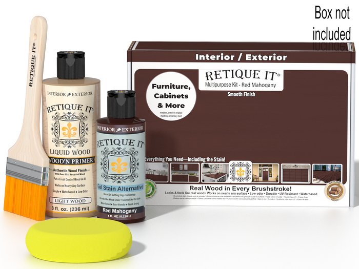 Retique It® Multipurpose Kit - Red Mahogany with primer, gel stain alternative, brush, yellow sponge, and packaging.