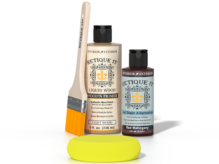 Retique It® Light Wood Wood’n Primer with Red Mahogany Gel Stain Alternative, brush, and yellow sponge.