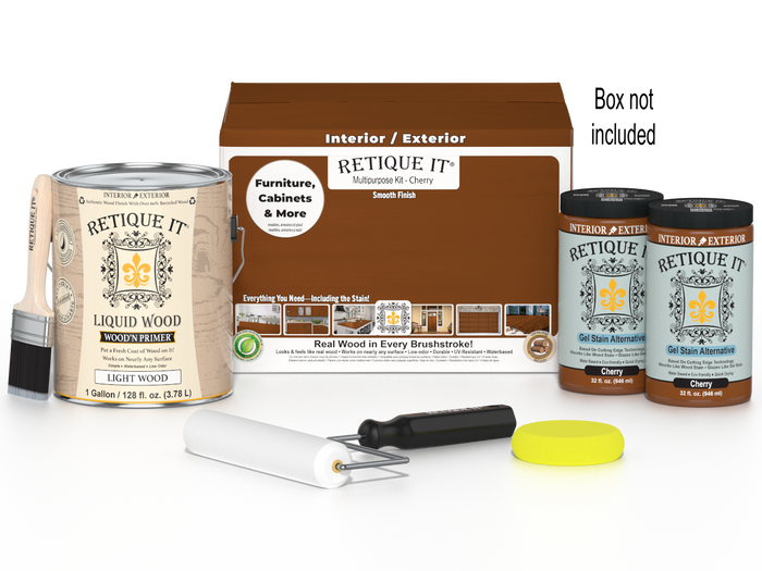 Retique It wood finish kit with four large cherry-colored smooth finish bottles for multi-purpose wood projects.
