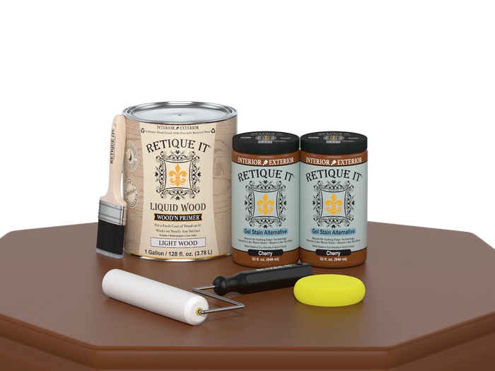Retique It Cherry Multi-purpose Smooth Finish Kit with four large wood finishing tools and supplies on a table.
