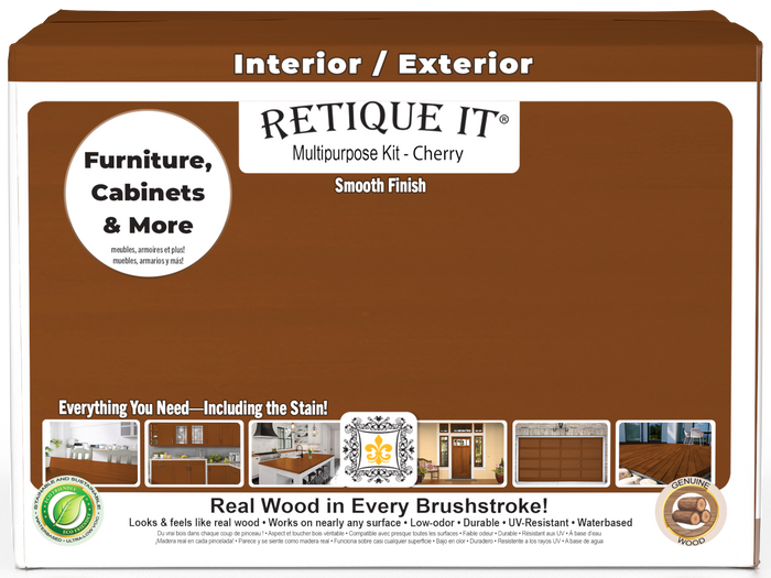 Retique It multi-purpose smooth finish kit with four large cherry wood stain and finish bottles, front view of the box.