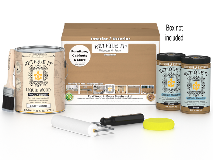 Retique It Multi-purpose Smooth Finish Kit in Pecan, large size, with four wood finish bottles and application tools.