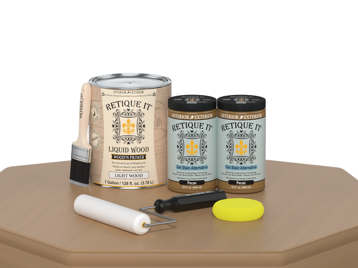 Retique It Wood'n Finish Kit in Pecan, a multi-purpose smooth finish set with four large containers for wood finishing projects.