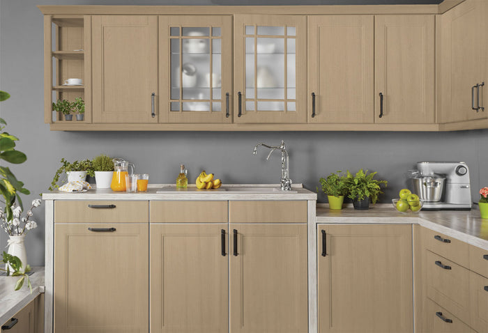 Retique It wood finish kit with four large containers of Pecan-colored smooth finish for kitchen cabinets.
