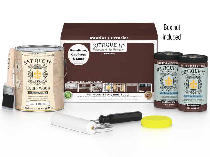 Retique It Wood'n Finish Kit in Red Mahogany with four large containers for multi-purpose wood finishing projects.