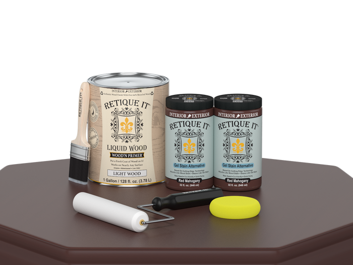 Retique It Multi-purpose Smooth Finish Kit in Red Mahogany, featuring four large wood finish tools on a table.