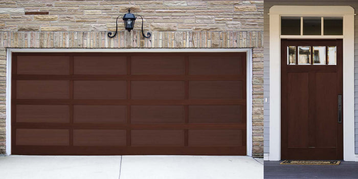 Retique It Multi-purpose Smooth Finish Kit in Red Mahogany for wood finishing, shown on a garage door surface.