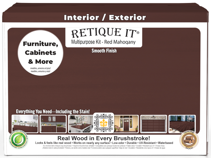 Retique It Multi-purpose Smooth Finish Kit in Red Mahogany with four large wood finishing tools and supplies.