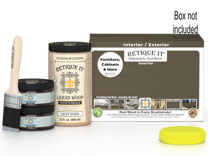 Large black walnut wood finish kit by Retique It for smooth, multi-purpose woodworking projects, including tools and supplies.