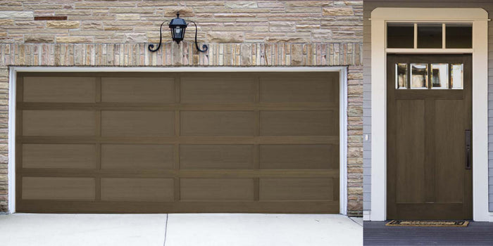 Large black walnut wood finish kit from Retique It in a smooth, multi-purpose design, shown on a garage door surface.