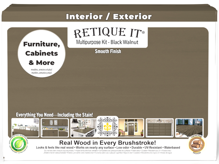 Large black walnut wood finish kit by Retique It, featuring smooth finish tools and supplies for multi-purpose woodworking projects.