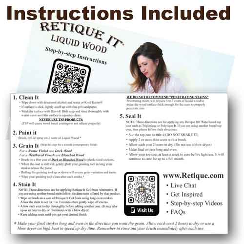 Retique It Multi-purpose Smooth Finish Kit (Large) in Cherry showing wood surface, application tools, and instructions for wood finishing.