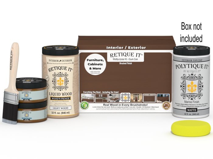 Large Dark Oak wood finish kit from Retique It with exterior top coat and matte finish, including tools and products in the box.