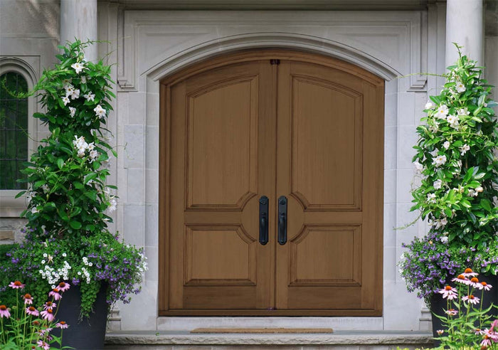 Retique It Multi-purpose Smooth Finish Kit (Large) in Dark Oak for exterior top coat, featuring matte wood finish on a double front door.