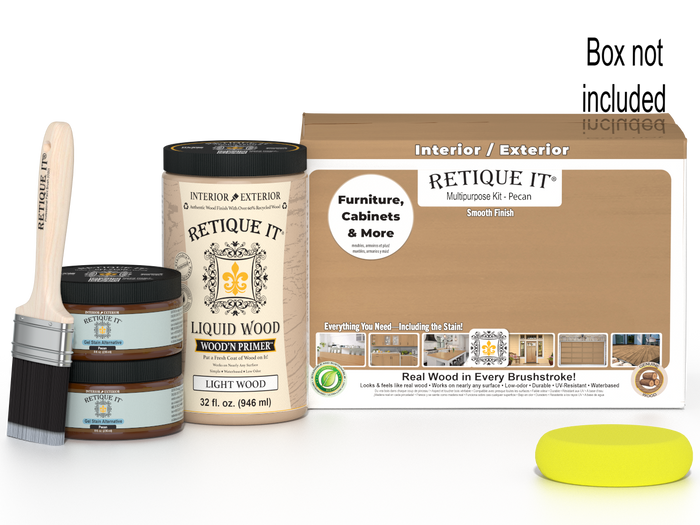 Large Pecan wood finish kit by Retique It with smooth finish, includes tools and materials for versatile wood refinishing projects.