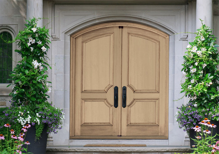 Retique It large multi-purpose wood finish kit with smooth Pecan stain for wood surfaces, shown on a double front door.