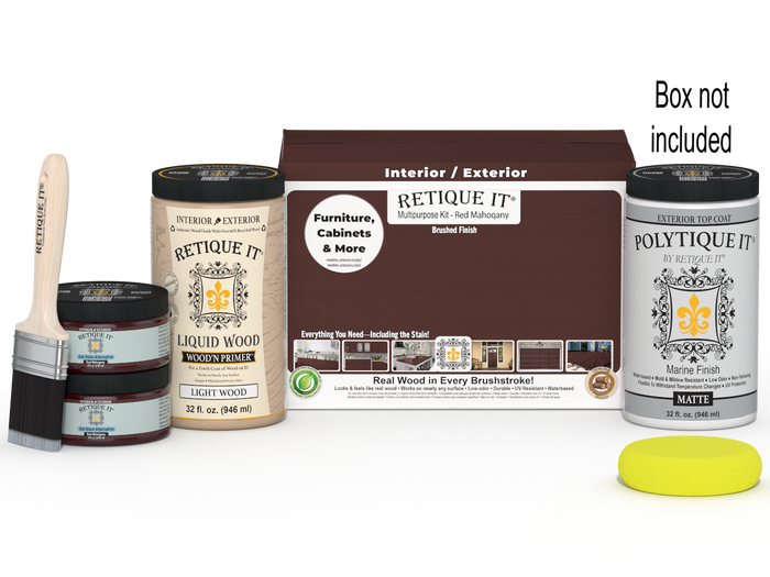 Retique It Multi-purpose Smooth Finish Kit (Large) in Red Mahogany for exterior wood top coating, including tools and materials.