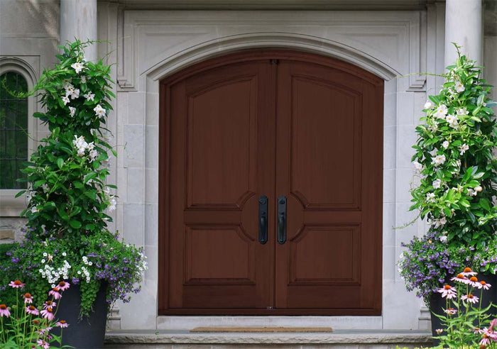 Retique It Multi-purpose Smooth Finish Kit in Red Mahogany for exterior wood surfaces, displayed on a double front door.