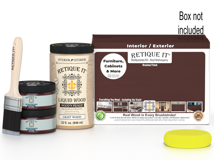 Large Red Mahogany Wood'n Finish Kit by Retique It with smooth finish and multiple tools for woodworking projects.