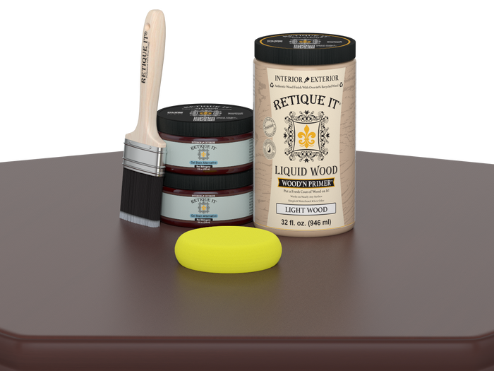 Large Red Mahogany Wood'n Finish Kit by Retique It with smooth finish and multiple tools for wood finishing projects.