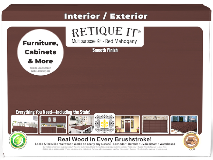 Large Red Mahogany Wood'n Finish Kit by Retique It featuring smooth finish products in a box with tools and materials.
