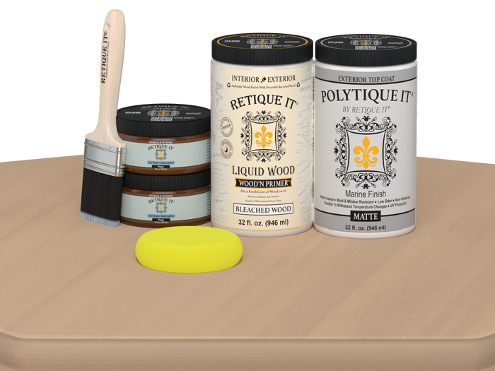 Large white oak wood finish kit by Retique It for exterior top coat, includes smooth finish tools and materials.