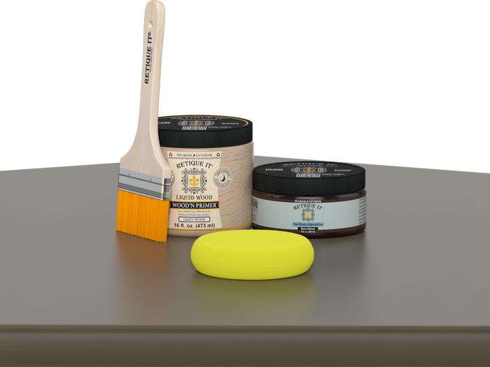 Retique It® Black Walnut Brush-On Kit includes a brush, Light Wood primer, Black Walnut Gel Stain Alternative, and a yellow sponge.