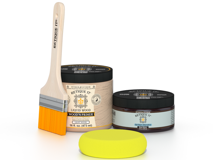 Retique It® Black Walnut Brush-On Kit includes a brush, Light Wood primer, Black Walnut Gel Stain Alternative, and a yellow sponge.