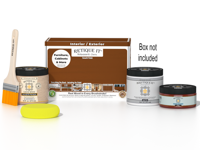 Retique It® Cherry Brush-On Kit with Matte PolyTique® shown with the Cherry Multipurpose Kit box, brush, Light Wood primer, Cherry Gel Stain Alternative, Matte PolyTique® top coat, and a yellow sponge.