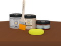 Retique It refinishing kit with Light Wood primer, Cherry gel stain alternative, matte Polytique It topcoat, a brush and yellow sponge.