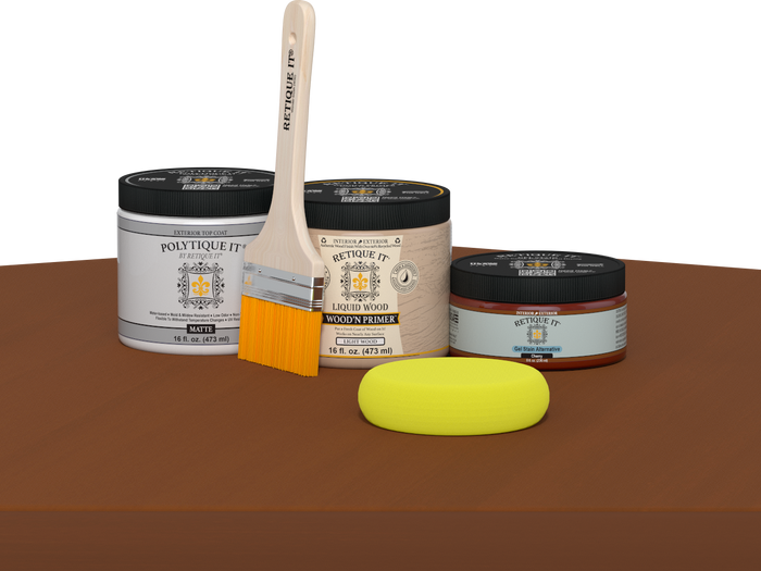 Retique It refinishing kit with Light Wood primer, Cherry gel stain alternative, matte Polytique It topcoat, a brush and yellow sponge.