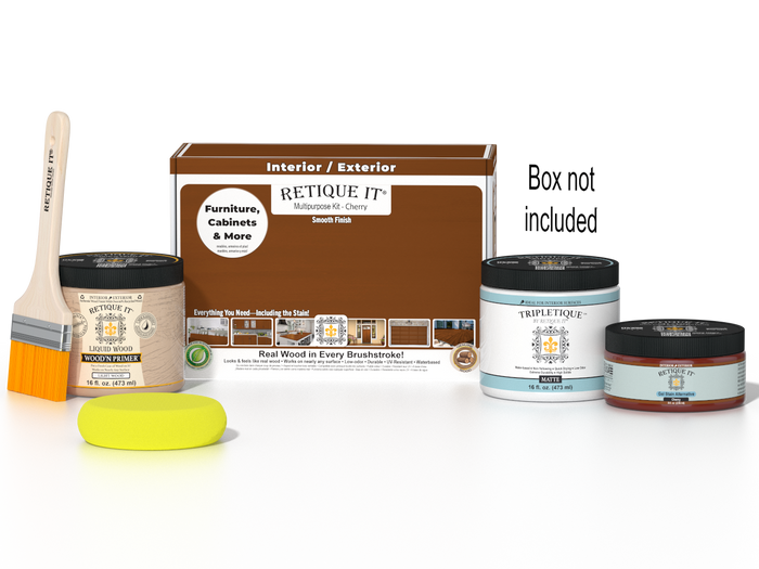 Retique It® Cherry Brush-On Kit with Matte TripleTique® shown with the Cherry Multipurpose Kit box, brush, Light Wood primer, Cherry Gel Stain Alternative, Matte TripleTique® top coat, and a yellow sponge.