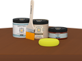 Retique It refinishing kit with Light Wood primer, Cherry gel stain alternative, matte Tripletique topcoat, a brush and yellow sponge.
