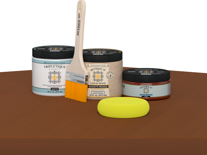 Retique It refinishing kit with Light Wood primer, Cherry gel stain alternative, matte Tripletique topcoat, a brush and yellow sponge.