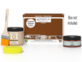 Retique It® Cherry Brush-On Kit shown with the Cherry Multipurpose Kit box, brush, Light Wood primer, Cherry Gel Stain Alternative, and a yellow sponge.
