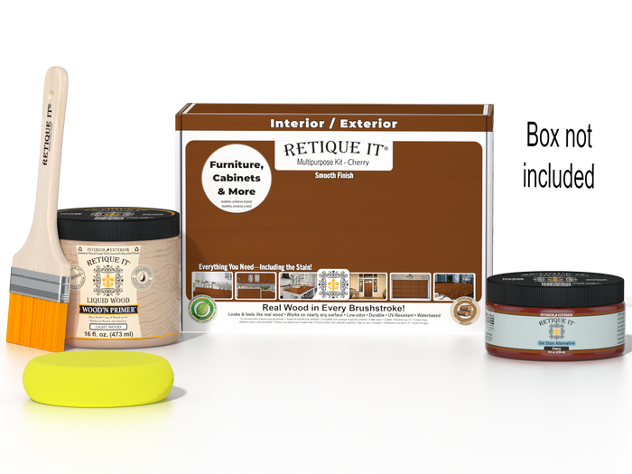 Retique It® Cherry Brush-On Kit shown with the Cherry Multipurpose Kit box, brush, Light Wood primer, Cherry Gel Stain Alternative, and a yellow sponge.